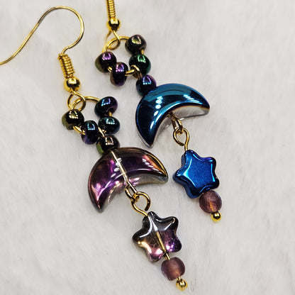 Magical Metallic Blue and Purple Moons and Stars Earrings in Silver or Gold