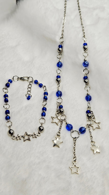 Cobalt Blue and Silver Stars Charm Necklace with Bracelet Set