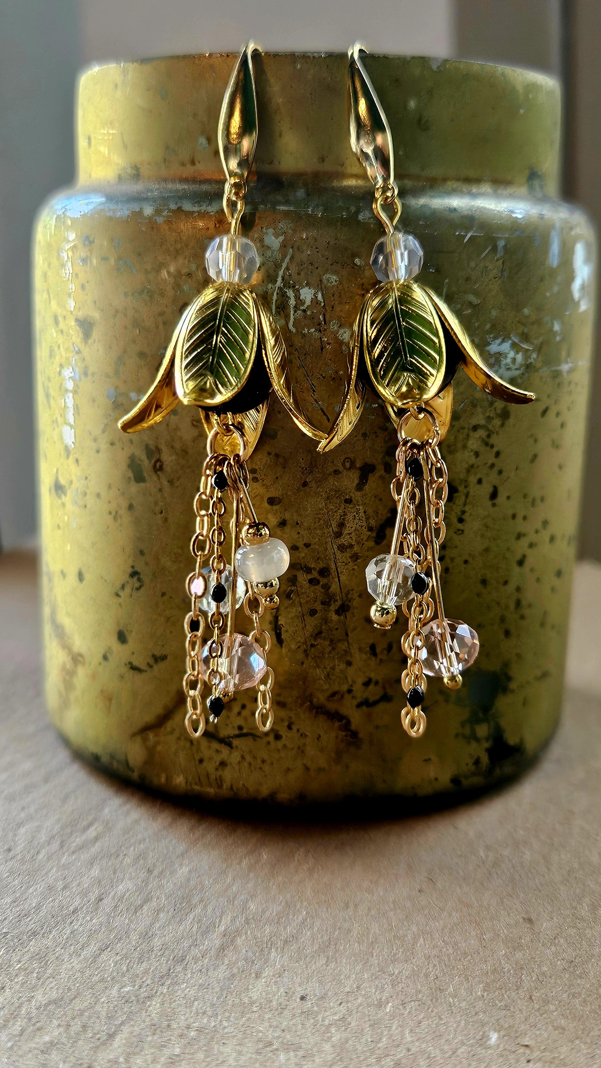 Golden Leaf Bell Dangle Earrings with Crystal Drops and Black and Gold Chain