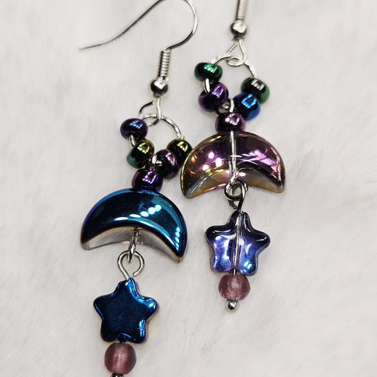 Magical Metallic Blue and Purple Moons and Stars Earrings in Silver or Gold