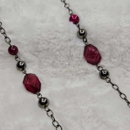 Long Gunmetal Black Chain and Dark Pink Beaded Necklace