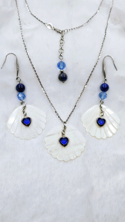 Heart of the Ocean Shell Set: Pearlescent Seashell Pendant Necklace & Earrings with Blue Gem Hearts