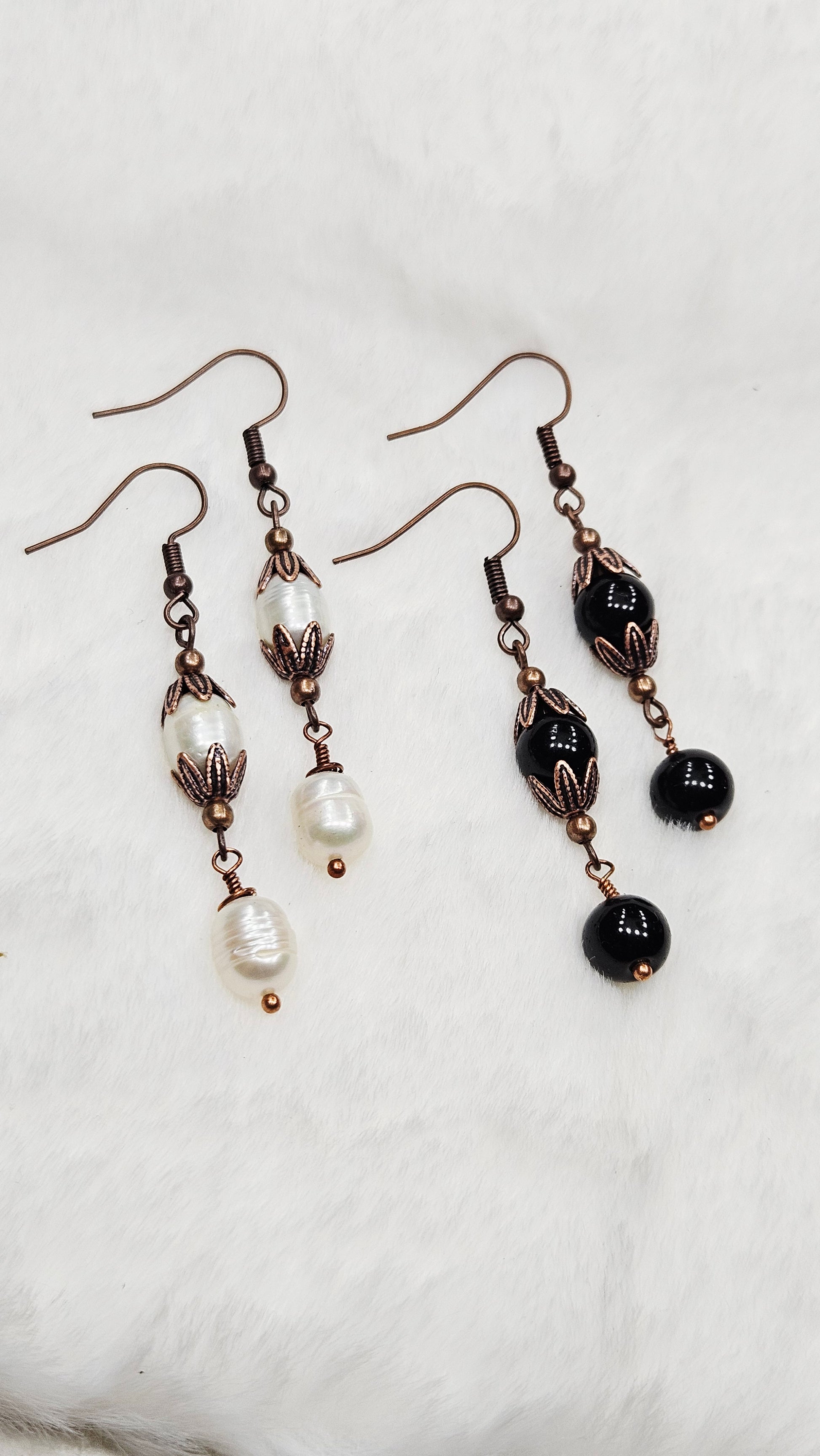 Antique Copper Leaf Cap Dangle Earrings with Freshwater Pearls or Black Glass 