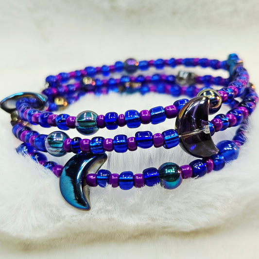 Dreamy Nights Deep Blue and Purple Seed Bead Wrap Bracelet with Moons and Stars