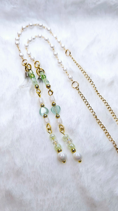 Green Hearts and Pearl on Gold Glasses Chain