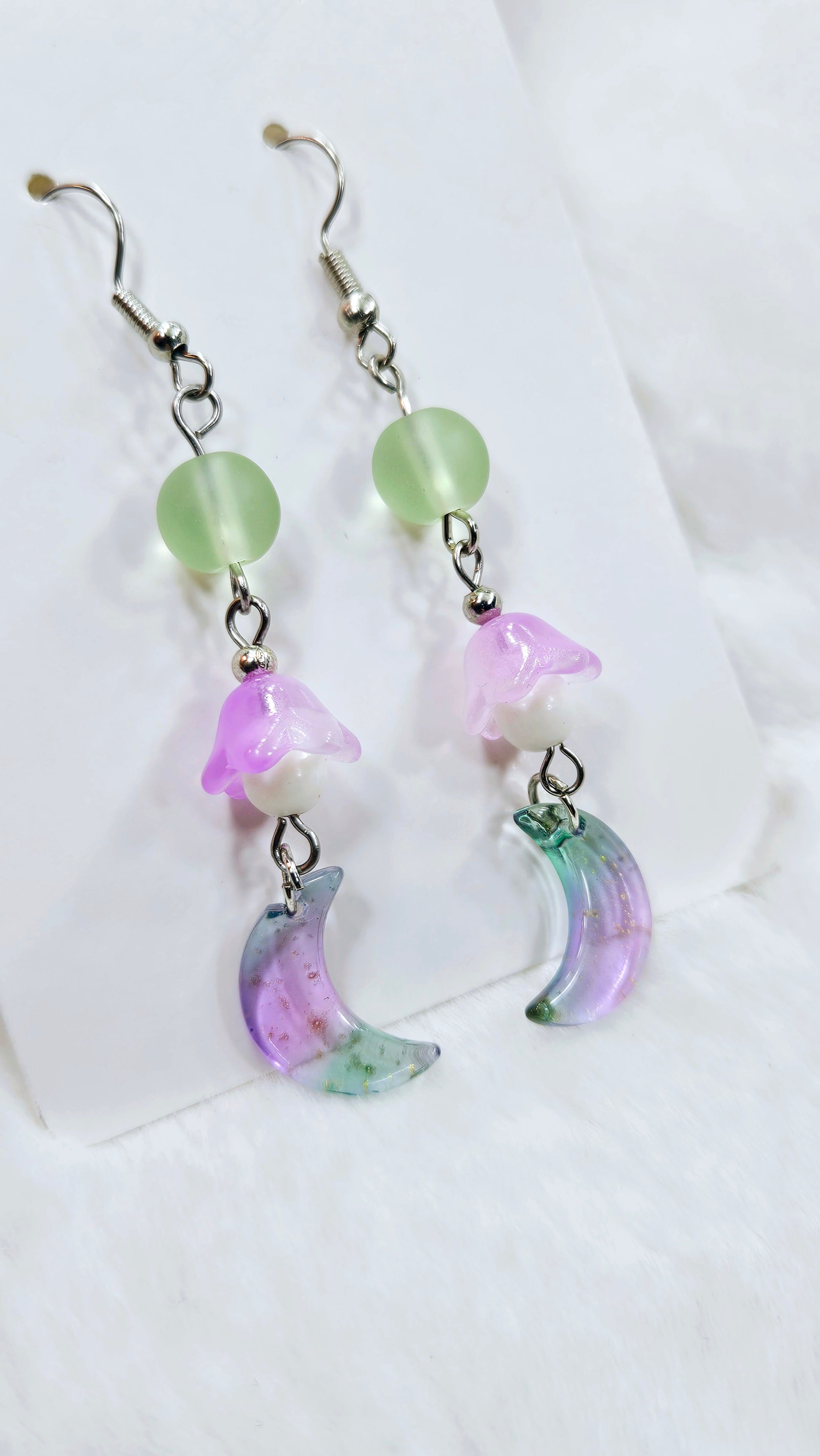 Mystical Moons & Bellflowers: Jade Green and Purple Moons with Gold Fleck & Purple Bellflowers Dangle Earrings