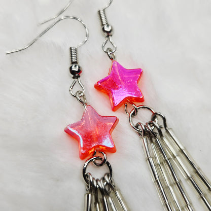 Long Shiny Reddish Pink Shooting Star Earrings