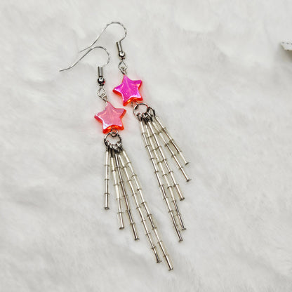 Long Shiny Reddish Pink Shooting Star Earrings