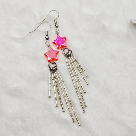 Long Shiny Reddish Pink Shooting Star Earrings