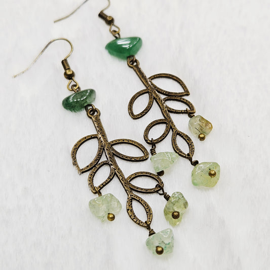 Textured Antique Brass Branch Earrings with Peridot Chip Dangles