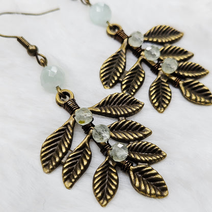Green Aquamarine and Prehnite Crystal Antiqued Brass Branch Dangles